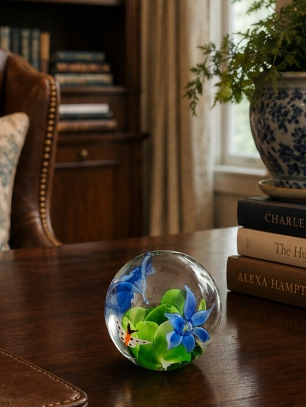 Glass Art Paperweight with Green Leaves Blue Flowers and Butterfly Accent